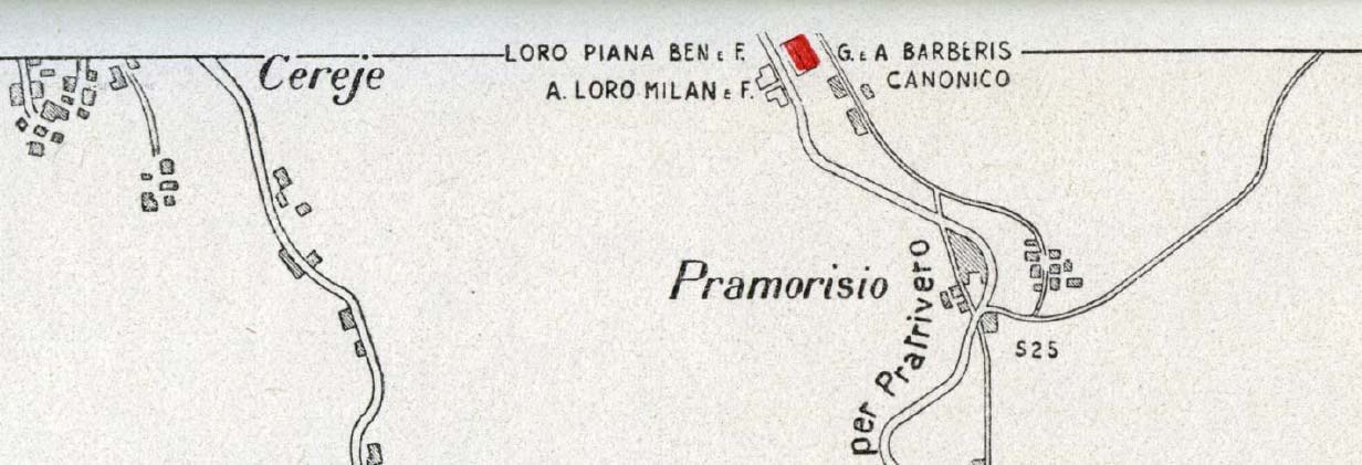 摘自1934年《毛纺厂公司年志》地图照片，显示了Pramorisio地区Alfredo和Giovanni两兄弟的工厂厂区