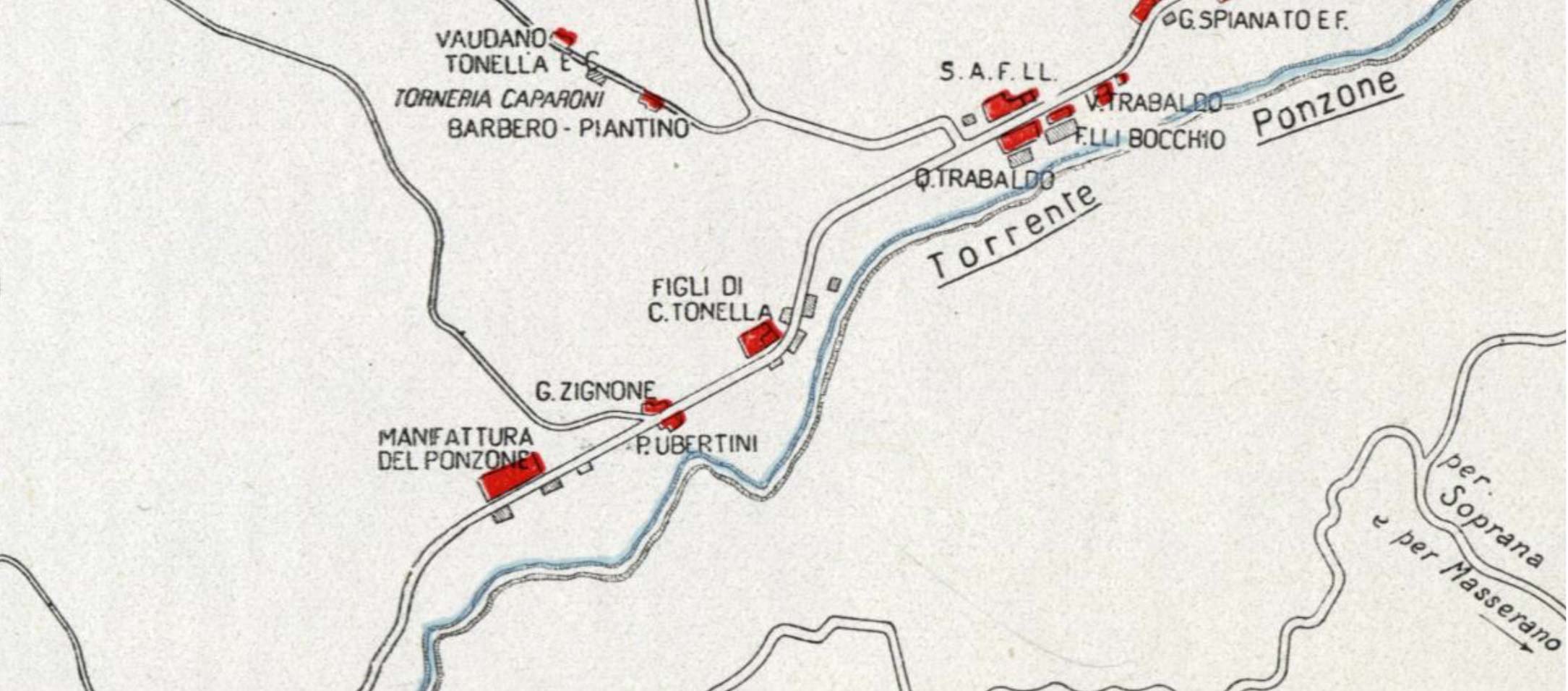 摘自1934年《毛纺厂公司年志》地图照片，Ponzone溪谷附近的工厂